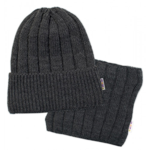 BABY NELLYS Zimná nadčasová čiapka + komín, tm. sivá