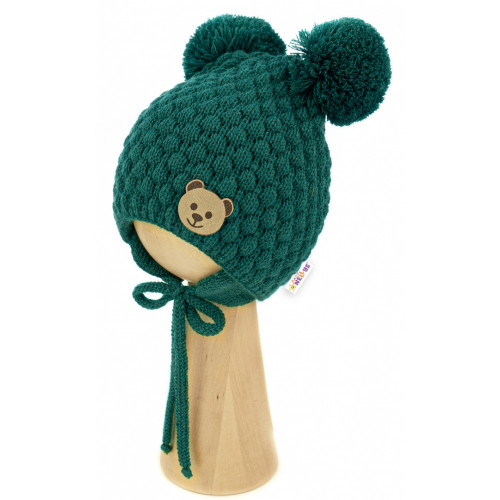 BABY NELLYS Zimná pletená čiapka Teddy Bear na zaväzovanie, zelená, 68/80, (6-12m)