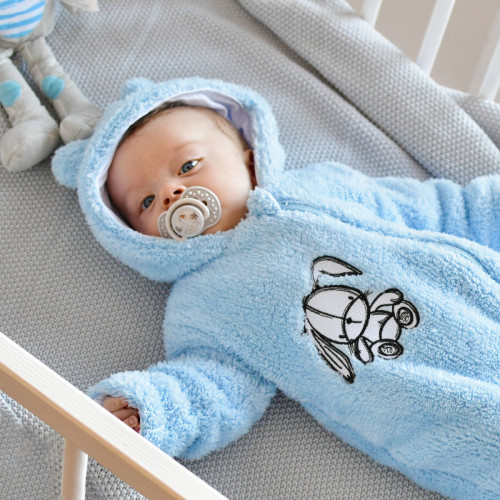Baby Nellys Chlpáčkový overálek s kapucňou, Cute Bunny - modrý, veľ. 68