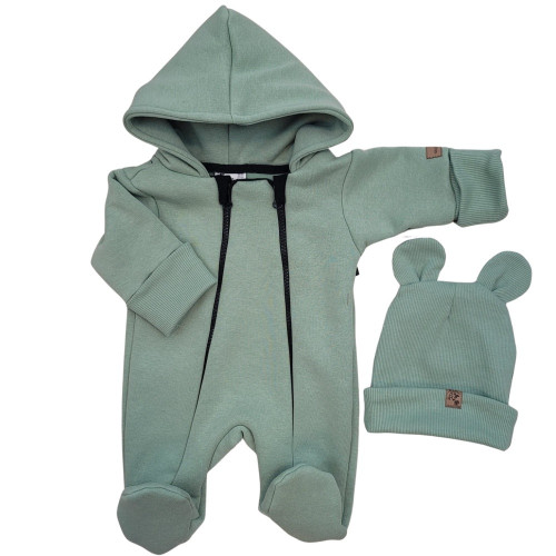 Oteplený detský overal so šľapkami a kapucňou + čiapočka, 2D, zelená, 68
