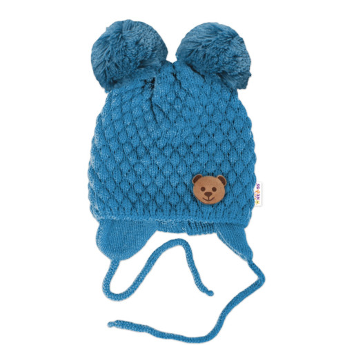 Zimná pletená čiapka Teddy Bear na zaväzovanie, modrá, 68/80, (6-12m)