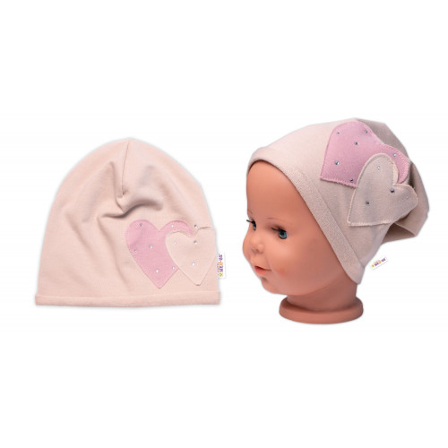 Detská čiapka bavlna, Srdiečka s kamienkami, Baby Nellys, béžová, veľ. 104/134