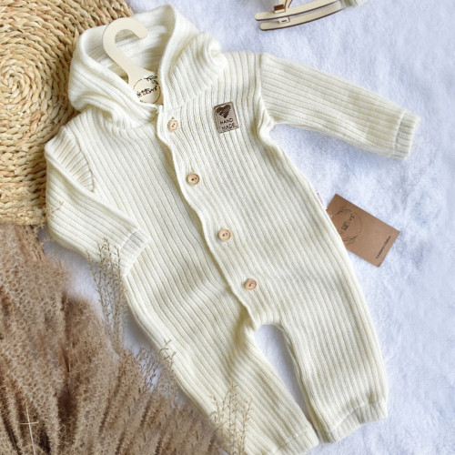 Baby Nellys Pletený overálok s kapucňou a gombíkmi Hand Made, ecru, veľ. 80/86