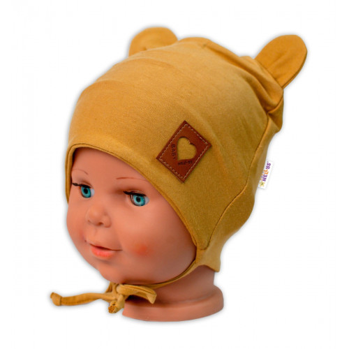 Baby Nellys Bavlnená dvojvrstvová čiapka s uškami na zaväzovanie, TEDDY - horčicová, 80/86