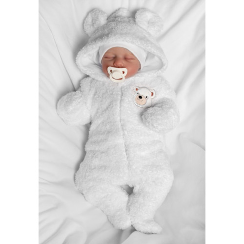 Chlpáčkový overal Luna s kapucňou + rukavičky, Baby Nellys, Medvedík, biely, veľ. 74/80
