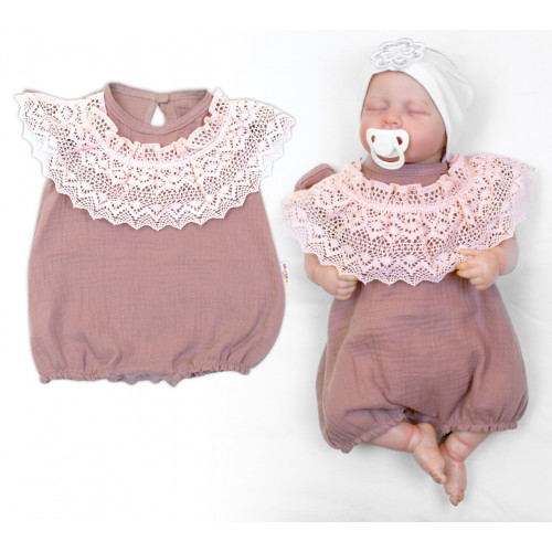 Body s nohavičkami, mušelín, s čipkou - hnedoružová, veľ. 74