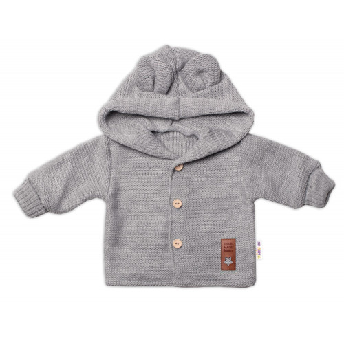 Elegantný pletený svetrík s gombíkmi a kapucňou s uškami Baby Nellys, sivý, veľ. 74