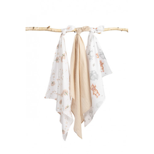 Mušelínové mäkké plienky LUX, 3ks, Bear, biela/béžová