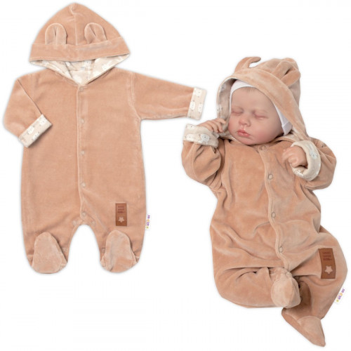 Baby Nellys Dvojvrstvový velúrový overal s kapucňou New Bunny, hnedý, veľ. 74