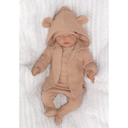 Sada do pôrodnice 4D, rebrovaná, body, polodupačky, kabátik a čiapočka, béžová, 62