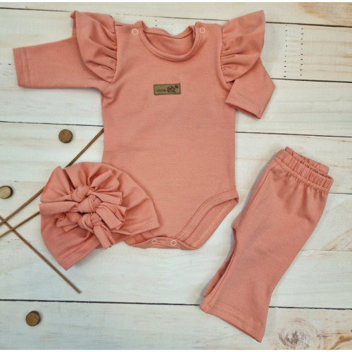 Body s volánikmi, legíny do zvonu a čiapočka, 3D, bavlna, marhuľová, veľ. 74