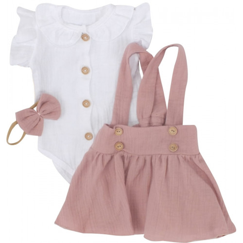 Mušelínová suknička s lacnom, bodýčko a čelenka, 3D sada, biela/staroružová, veľ. 62