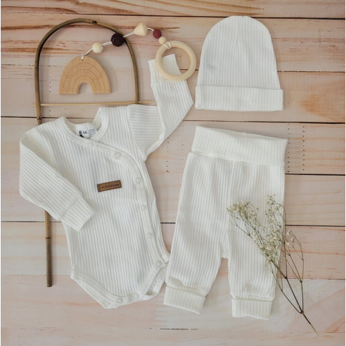 Rebrované zavinovacie body, tepláčky a čiapočka Kazum 3D bavlnená sada, biele, veľ. 62