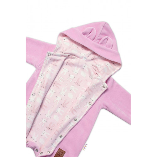 Baby Nellys Dvojvrstvový velúrový overal s kapucňou New Bunny, ružový, veľ. 80