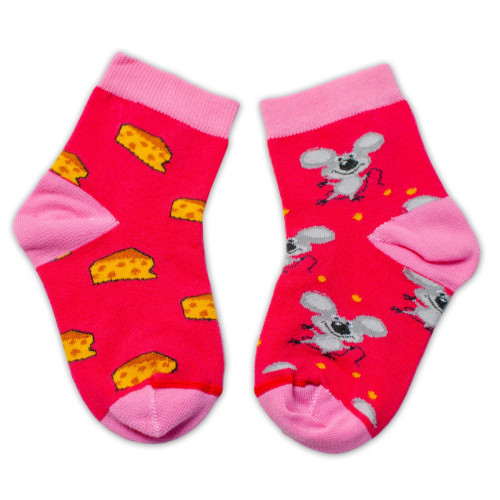 Baby Nellys Bavlnené veselé ponožky Myška a syr - tmavo ružová, veľ. 122/128