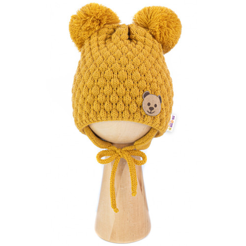 Zimná pletená čiapka Teddy Bear na zaväzovanie, horčicová, 68/80, (6-12m)