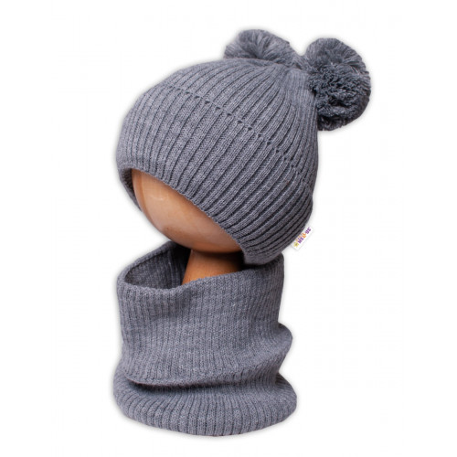 BABY NELLYS Zimná pletená čiapka + nákrčník - sivá s brmbolcami