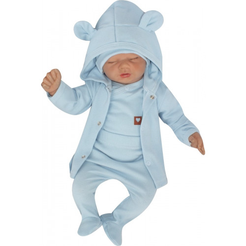 Sada do pôrodnice 4D, rebrovaná, body, polodupačky, kabátik a čiapočka, modrá, veľ.62