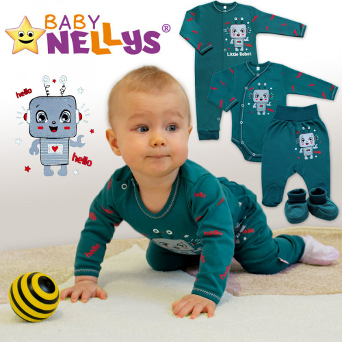 Baby Nellys Bavlnený dojčenský overal bez šľapiek Little Robot, tmavo zelený, veľ. 74