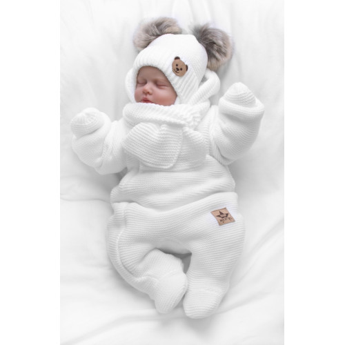 Detská sada, zimná čiapka so šálom + rukavičky 3D, Teddy Bear - biela