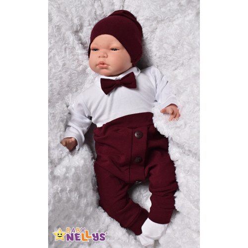 Baby Nellys 3-dielna sada Hubert, body s motýlikom, tepláčiky a čiapočka - bordo, veľ. 80