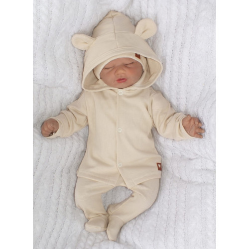 Sada do pôrodnice 4D, rebrovaná, body, polodupačky, kabátik a čiapočka, ecru, veľ. 62