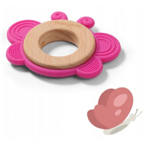 Drevené, silikónové hryzátko BabyOno - Motýlik, ružové