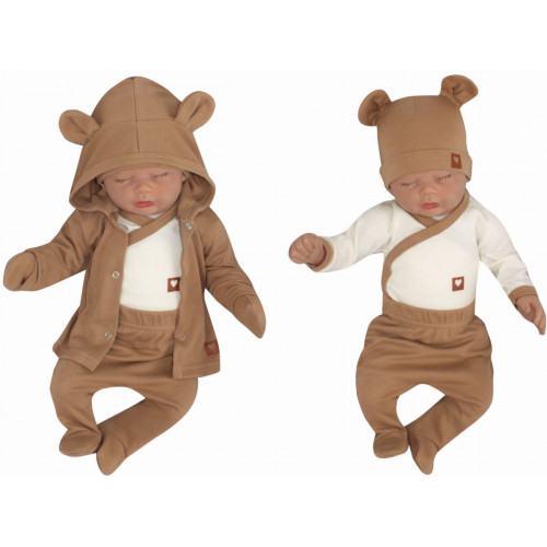 Sada do pôrodnice 5D, body, polodupačky, kabátik, čiapočka, rukavičky - hnedá, veľ. 56
