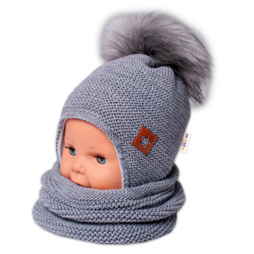 BABY NELLYS Zimná čiapka s fleecom a chlupáčková. bambuľka Star + komínok - sivá