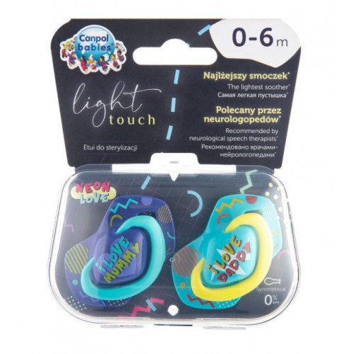 Canpol Babies 2 ks symetrických silikónových cumlíkov, 0-6m, Neon Love Baby, modré