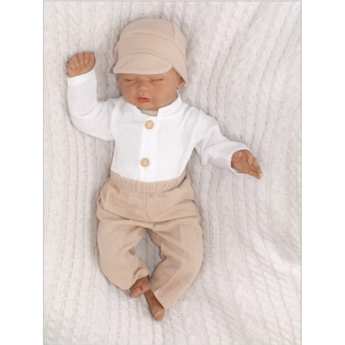 Mušelínová košeľa, nohavice + čiapky, 3D sada, Boy Z&Z, biela/piesková, veľ. 62