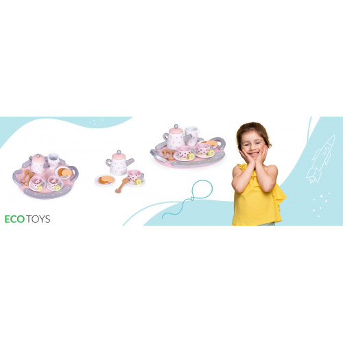 Detská drevená čajová súprava s šálkami a kanvičkou, 15 dielov