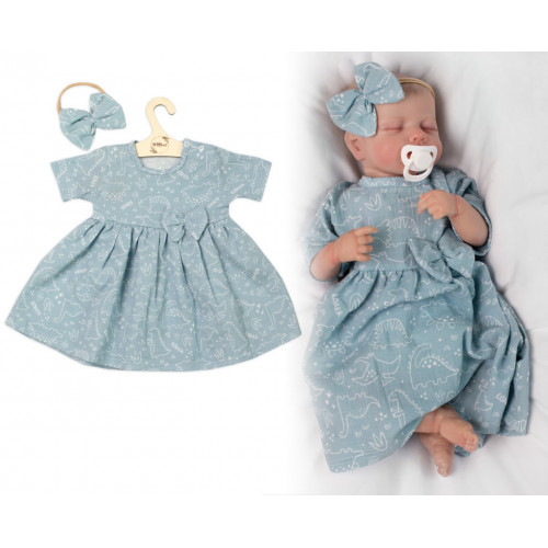 Mušelínové šatôčky + čelenka 2-dielna sada Dino, Baby Nellys, mätové, veľ. 86