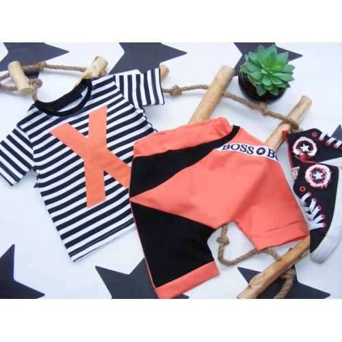G-baby 2-dielna sada tričko kr. rukáv, kraťasky New Boss X - prúžok, tehlová, veľ. 104
