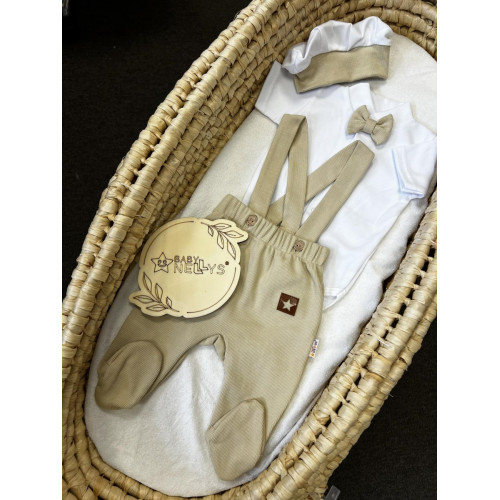 Bavlnená súprava Gentleman 3D, body kr. rukáv, polodupačky s lacnom, čiapočka,béžová/biela