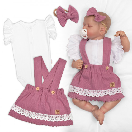 3D súprava LADY, bavlna, body kr. rukáv, suknička s láclom, čelenka, orgovánová/biela, 68