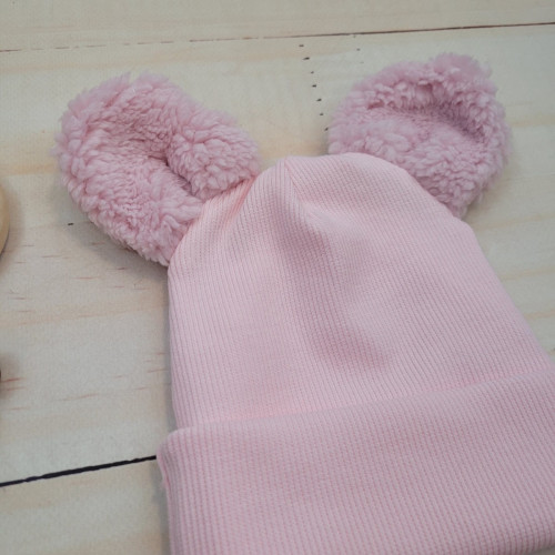 Dvojvrstvová rebrovaná čiapočka s uškami medvedík - růžová