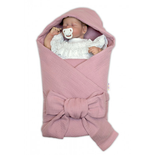 Luxusná mušelínová zavinovačka s kapucňou na zaväzovanie, púdrovo ružová