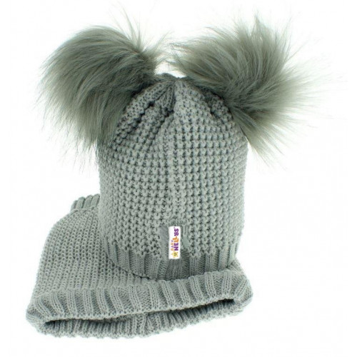 BABY NELLYS Zimná čiapočka s komínom - chlupáčkové bambuľky - sivá