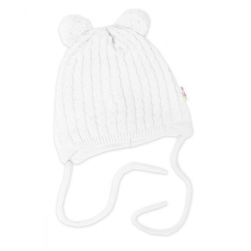Zimná čiapka na zaväzovanie s brmbolcami + šál, Baby Nellys - biela, vel. 74/80