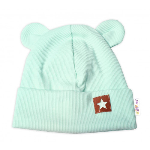 Baby Nellys Rebrovaná dvojvrstvová čiapka s uškami TEDDY - mätová, veľ. 68/74