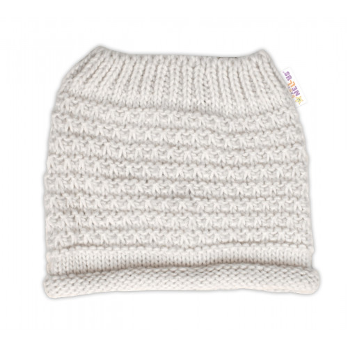 Zimná pletená čiapka Star s fleecom a chlpáčkové brmbolce + komínček 2D sada, béžový melír