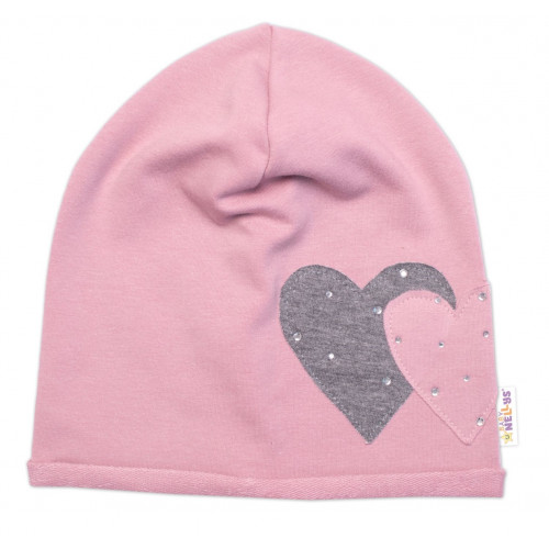 Detská čiapka bavlna, Srdiečka s kamienkami, Baby Nellys, púdrová