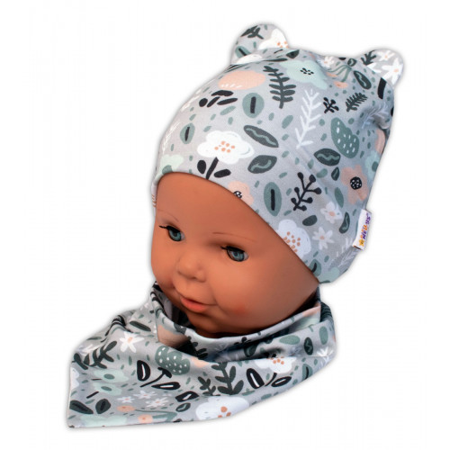 Baby Nellys Dvojvrstvová čiapka s uškami + šatka Palouček, mätová