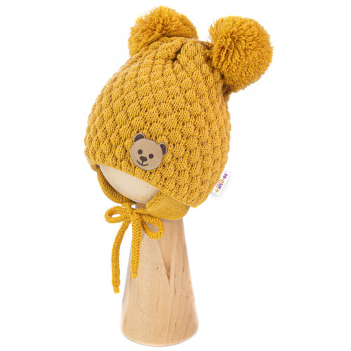 Zimná pletená čiapka Teddy Bear na zaväzovanie, horčicová, 68/80, (6-12m)