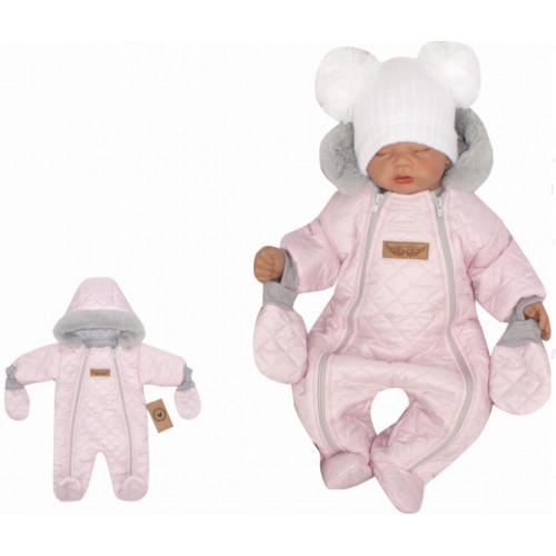 Z&Z Zimná prešívaná kombinéza s kožušinou a kapucňou + rukavičky - sv.ružová, veľ. 68