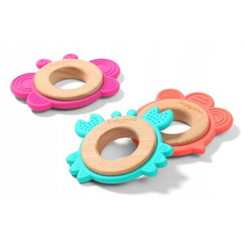 Drevené, silikónové hryzátko BabyOno - Motýlik, ružové