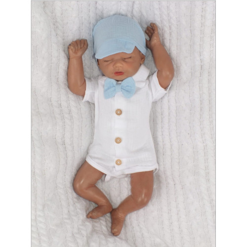 Mušelínové kraťasy s láclom, bodýčko, čiapočka, motýlik 4D sada, Z&Z, modrá/biela