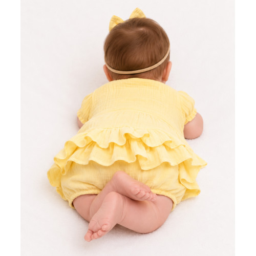 Baby Nellys 3-dielna mušelínová súpravička, body, kraťasky+čelenka GIRL, žltá