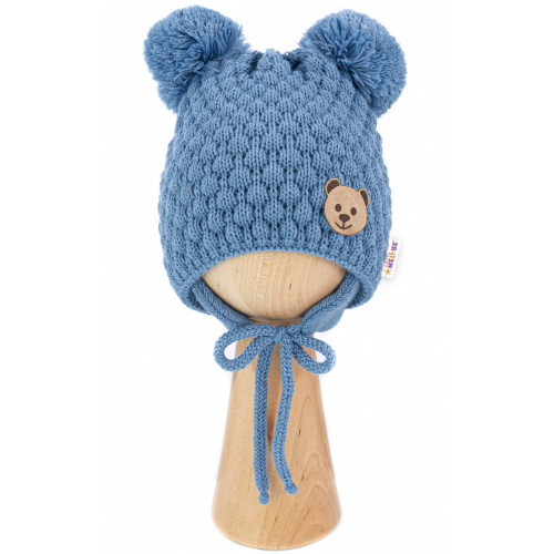 BABY NELLYS Zimná pletená čiapka Teddy Bear na zaväzovanie, modrá, 68/80, (6-12m)